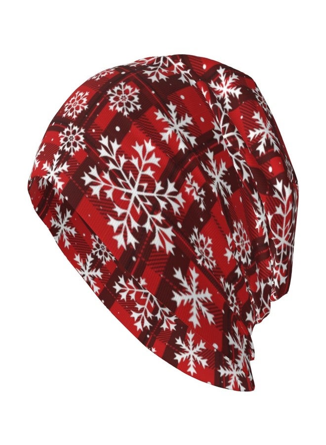 FalePrint Beanie Hat Printed Christmas Snowflakes Red Plaid Breathable Knitted Cap Gifts for Men Women,Thin Stretch Knit Slouchy Cancer Chemo Sleep Hat Unisex Turban Hat Headwear Warm Hip Hop Soft Skull Cap - Image 1